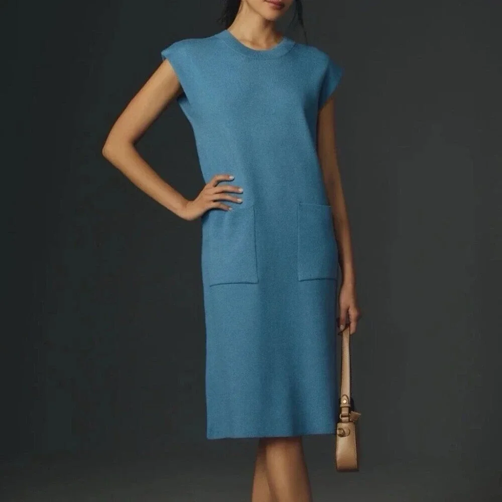Maeve Anthropologie Blue Sleeveless Sweater Dress Patch Pocket Knit 3X Plus Size